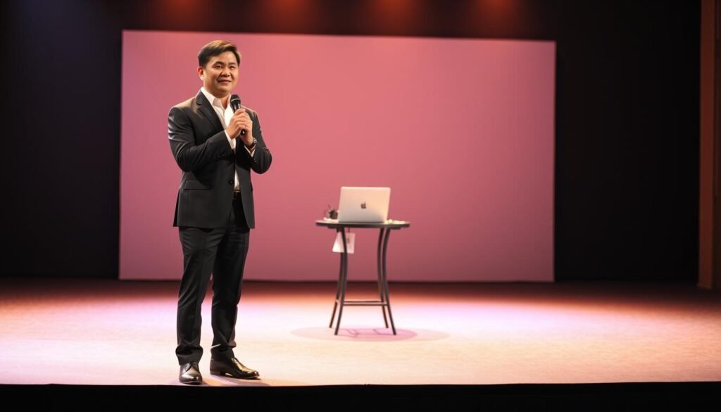 A Singapore event emcee stands confidently on a stage, dressed in a sharp suit, microphone in hand. The lighting is warm and inviting, creating a professional yet relaxed atmosphere. In the middle ground, a small table with a laptop and notes suggests the emcee's preparation. In the background, a simple backdrop with an abstract pattern adds visual interest without distracting from the main subject. The overall composition conveys the expertise and attention to detail required for a successful event emcee in Singapore.
