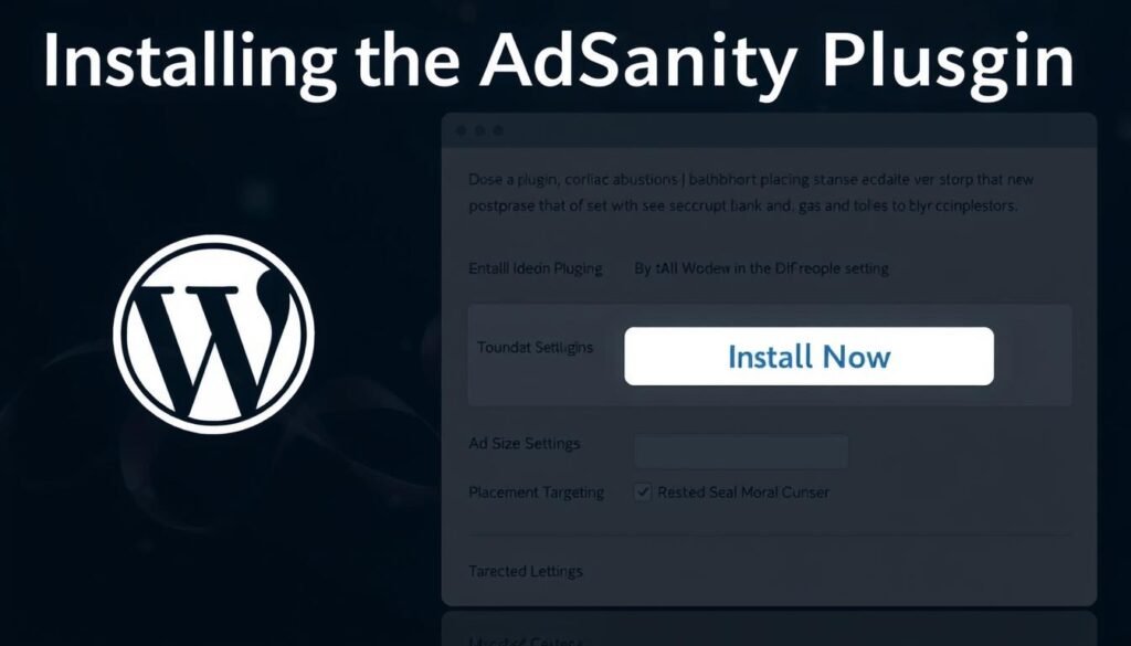 A WordPress plugin installation interface, with a clean and intuitive design. The foreground features a large, prominent "Install Now" button, surrounded by detailed instructions on the plugin setup process. The middle ground showcases the plugin's configuration options, including settings for ad size, placement, and targeting. The background dimly reflects the article's subject, with a subtle, elegant pattern or texture. Soft, directional lighting creates depth and emphasizes the key elements. The overall mood is informative, user-friendly, and visually appealing, perfectly capturing the essence of the "Installing the AdSanity Plugin" section.