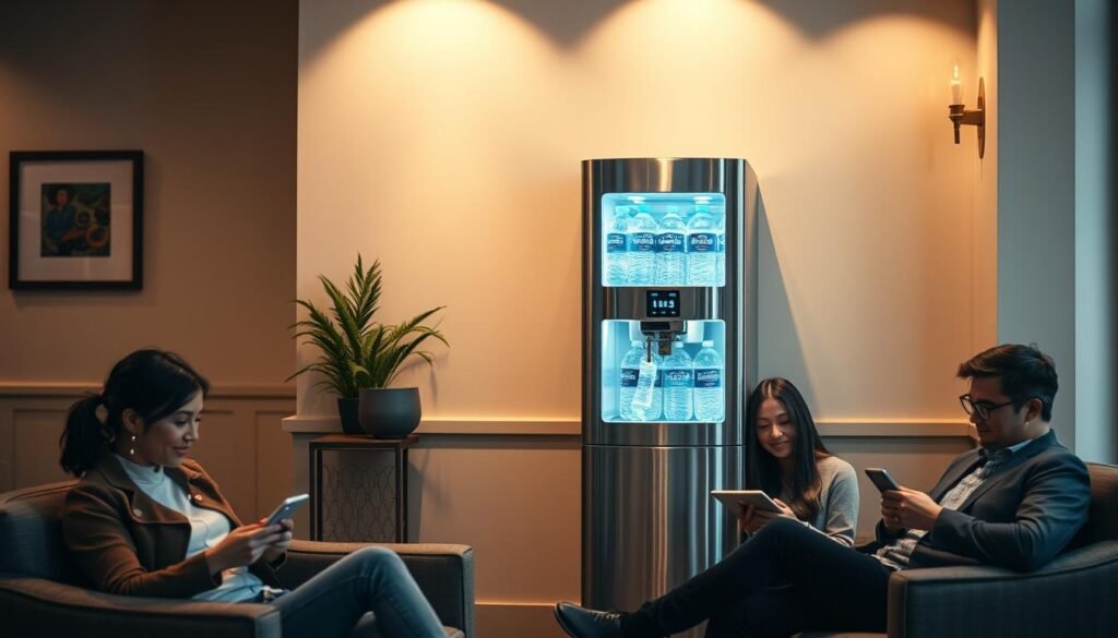 A cozy indoor setting with a well-stocked water dispenser as the central focus. The dispenser stands tall, its sleek stainless steel frame gleaming under soft, warm lighting. Surrounding it are a few customers seated comfortably, intently reading through their mobile devices, their expressions reflecting a sense of satisfaction. The background features neutral-toned walls, complemented by tasteful decor elements that create a welcoming, relaxed atmosphere. The lighting is gentle, casting a subtle glow that enhances the overall ambiance. The angle is slightly elevated, allowing for a comprehensive view of the scene, highlighting the water dispenser as the centerpiece of this inviting customer review setting.