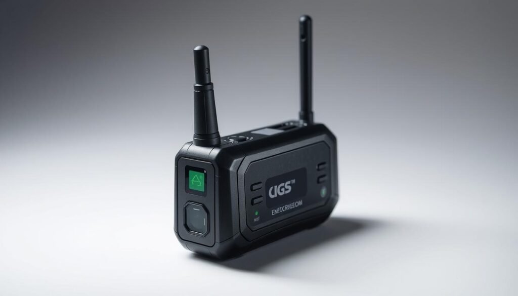 A detailed, high-resolution image of a GPS emergency beacon, showcasing its key features. The beacon is positioned prominently in the foreground, with a clean, minimalist background that emphasizes its design and functionality. The lighting is soft and evenly distributed, highlighting the beacon's sleek, modern aesthetic. The image is captured from a slightly elevated angle, providing a clear view of the beacon's control panel, indicator lights, and antenna. The overall mood is one of precision, reliability, and the beacon's essential role in outdoor safety and emergency situations.