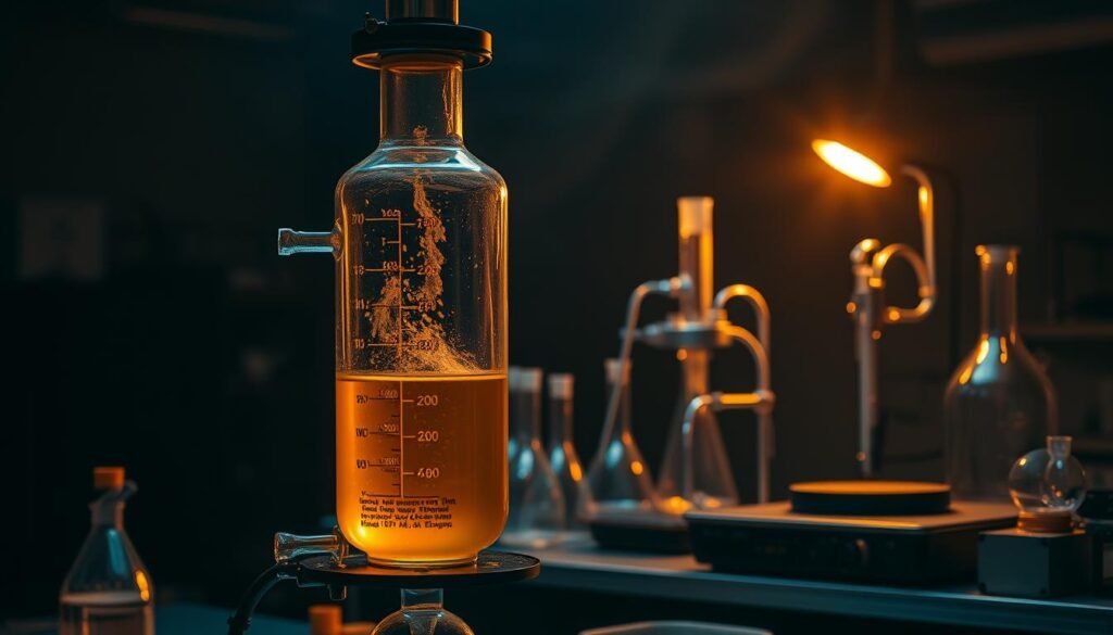 A dimly lit laboratory setting, with a high-tech extraction apparatus taking center stage. The foreground features a glass retort or distillation column, filled with a golden-hued liquid. The middle ground showcases various scientific instruments, such as Erlenmeyer flasks, pipettes, and a hot plate, reflecting the precision and care required for this process. The background is shrouded in shadows, evoking a sense of mystery and the importance of this delicate extraction. The lighting is warm and muted, creating a chiaroscuro effect that highlights the equipment and the extraction process. The overall atmosphere is one of scientific rigor and the pursuit of understanding the properties of the plant material.