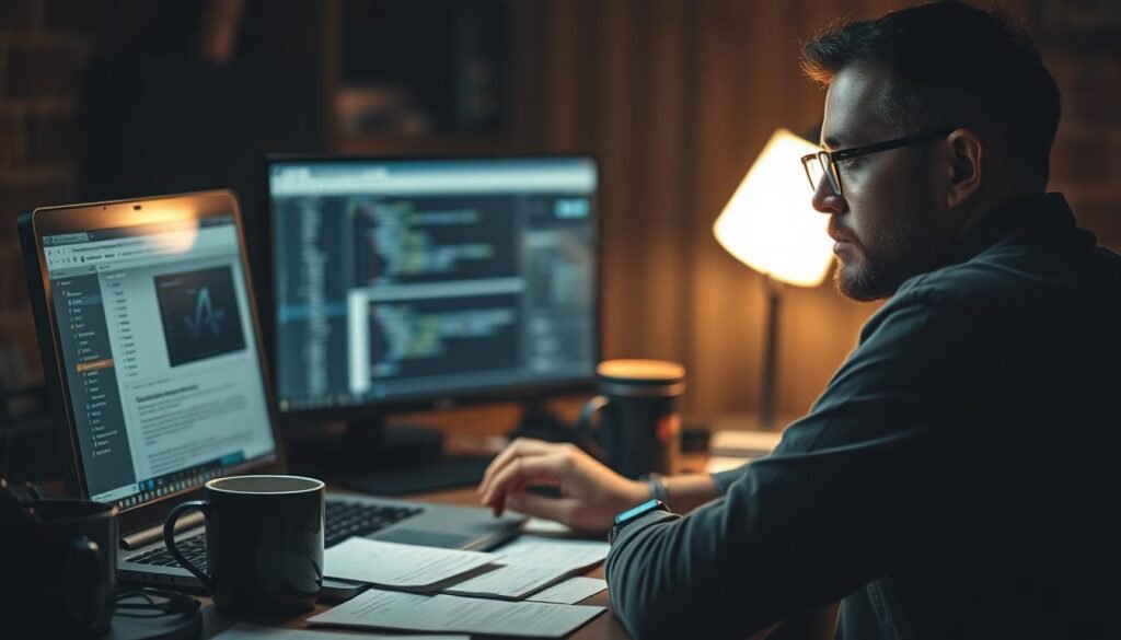 A dimly lit software engineer's workstation, with a laptop screen displaying the AdSanity plugin interface. Furrowed brows and a focused expression on the engineer's face, surrounded by scattered notes, coffee mugs, and a reference manual. The background is slightly blurred, emphasizing the troubleshooting task at hand. Warm, earthy tones create a contemplative atmosphere, with a single desk lamp casting a soft, focused light on the problem-solving process.