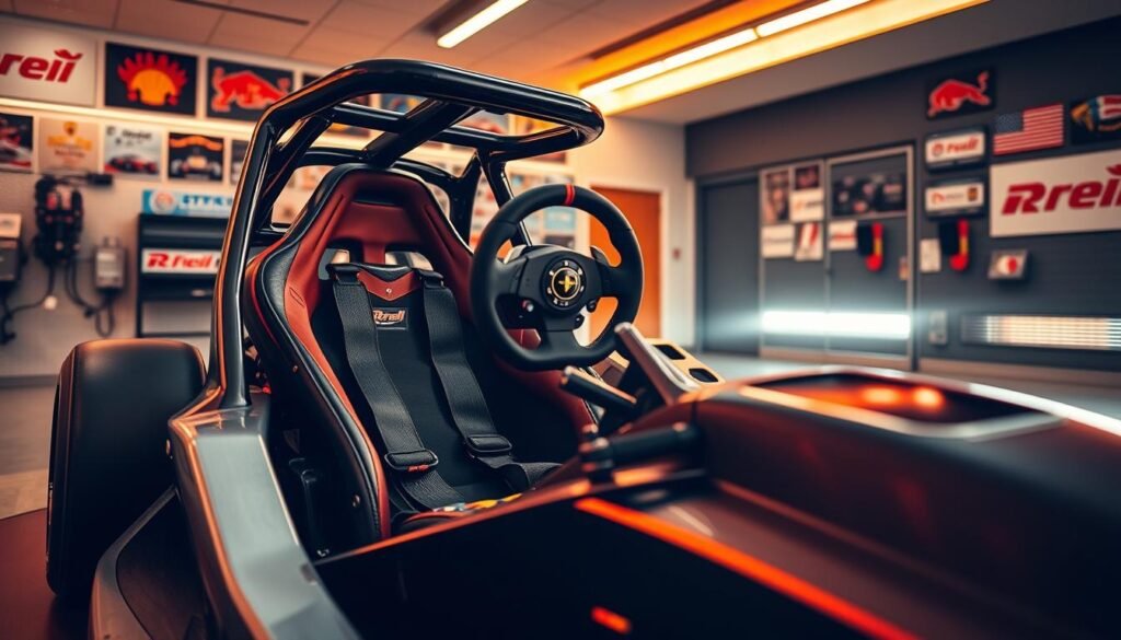 A high-performance Formula 1 simulator sits in a sleek, modern racing facility. The cockpit is equipped with intricate safety features - a sturdy roll cage, five-point harness, and advanced steering wheel with integrated controls. Warm, focused lighting illuminates the scene, casting dramatic shadows that accentuate the machine's aggressive lines. In the background, the walls are adorned with vibrant racing memorabilia, creating an immersive, adrenaline-fueled atmosphere. The composition emphasizes the simulator's technological sophistication and commitment to participant safety, inviting the viewer to envision an exhilarating, yet secure racing experience.