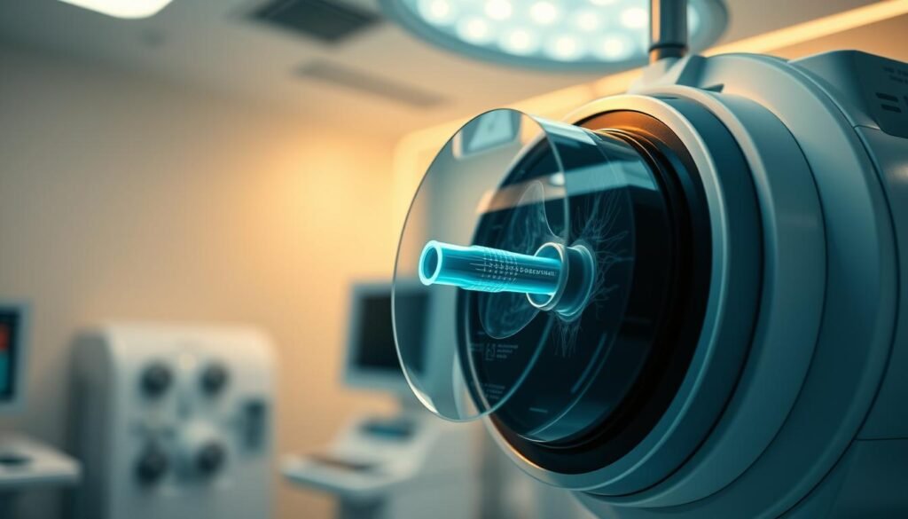 A high-resolution, cinematic close-up view of an advanced medical imaging device analyzing the intricate anatomy of the parathyroid gland. The device's sleek, modern design is bathed in a warm, soft lighting, casting delicate shadows that accentuate the precision of its mechanisms. In the background, a blurred, clinical environment suggests a state-of-the-art medical facility, contributing to an atmosphere of cutting-edge technology and expert care. The image conveys a sense of innovation, reliability, and the surgeon's commitment to providing exceptional parathyroid treatment.