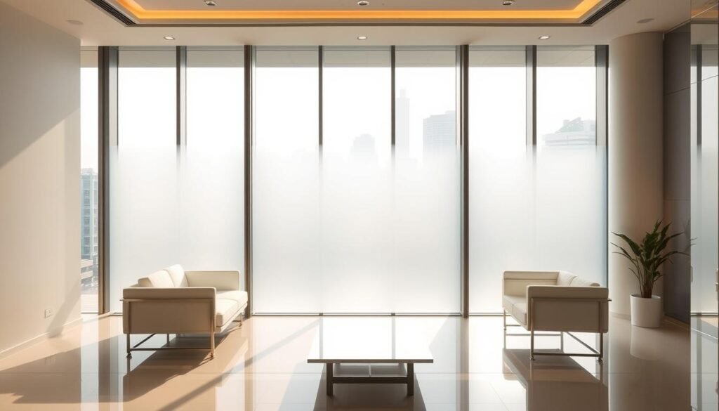 A modern commercial space in Singapore with pristine, minimalist design. In the foreground, a seamless installation of switchable privacy glass film covers a large window, its transparency shifting from clear to opaque with a subtle electronic hum. The middle ground features sleek, contemporary furnishings bathed in warm, diffused natural light filtering through the glass. In the background, the cityscape of Singapore's iconic skyline is visible through the translucent film, creating a sense of connection between the interior and exterior spaces. The overall atmosphere is one of sophisticated elegance, highlighting the versatility and aesthetic appeal of switchable glass technology in a Singapore setting.