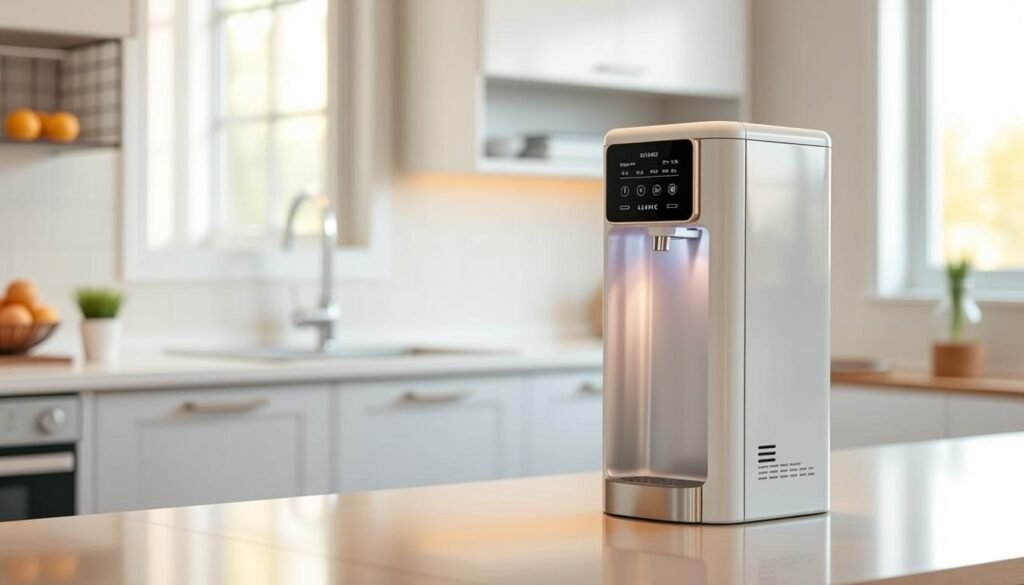 A modern, energy-efficient water dispenser standing in a bright, airy kitchen. The dispenser has a sleek, minimalist design with a stainless steel or white finish. It features digital controls and LED indicators, showcasing its advanced technology. The dispenser is nestled on a clean, uncluttered countertop, with warm, directional lighting highlighting its efficient, cost-saving features. In the background, a window provides natural illumination, creating a sense of environmental consciousness. The overall atmosphere conveys the benefits of a water dispenser that is both eco-friendly and budget-friendly.