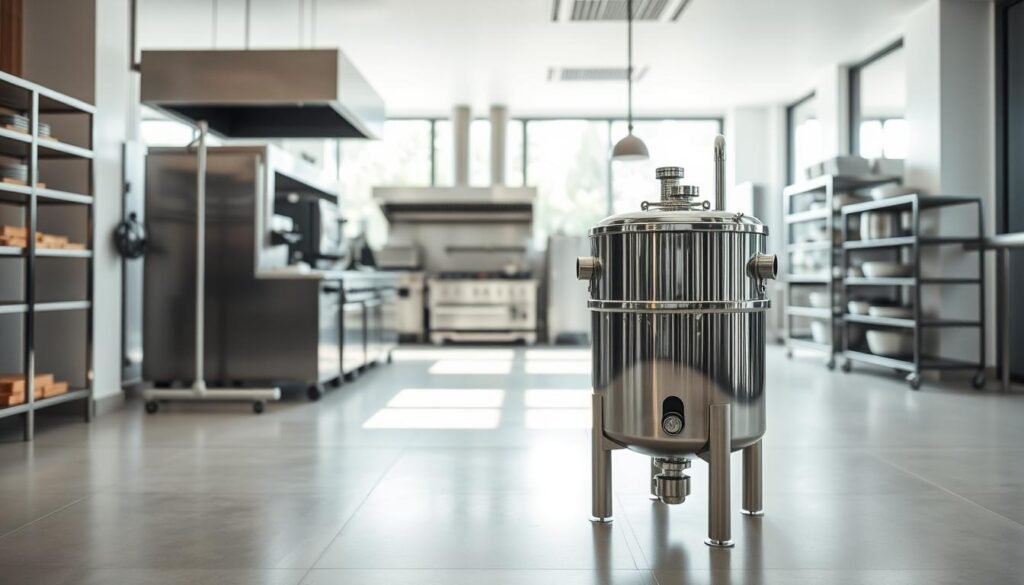 A modern, industrial-style grease separator unit standing prominently in the foreground, its sleek steel exterior gleaming under bright, even lighting. In the middle ground, a well-organized commercial kitchen workspace, complete with stainless steel appliances and equipment, hinting at the separator's role in maintaining efficient operations. The background features a clean, minimalist interior, with large windows allowing natural light to pour in, symbolizing the transparency and compliance that the grease separator helps achieve. The overall scene conveys a sense of professionalism, attention to detail, and a commitment to sustainable, high-performing commercial facilities in Singapore.