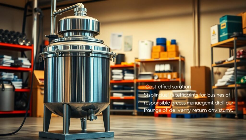 A modern, well-lit workshop interior with a prominent, durable grease separator unit taking up the foreground. The separator is made of sturdy stainless steel, its efficient design and compact footprint showcasing the cost-effective benefits for businesses. In the middle ground, financial documents and invoices hint at the substantial savings achieved through responsible grease management. The background features neatly organized shelves of spare parts and maintenance supplies, conveying a sense of reliability and long-term operational efficiency. Warm lighting and a clean, organized environment set a mood of professionalism and a focus on delivering a strong return on investment.