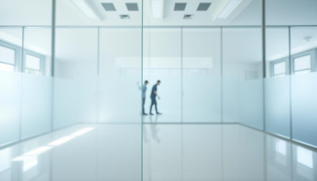 A pristine, well-lit interior showcasing the seamless installation of switchable glass film in a Singapore setting. The foreground depicts a close-up view of the film's smooth, glossy surface, its subtle pattern interacting with the natural light streaming in through the large windows. In the middle ground, a pair of skilled technicians meticulously aligning the film, their movements precise and deliberate. The background reveals a spacious, contemporary room, the switchable glass panels transforming the ambiance from transparent to opaque at the touch of a button, creating a versatile and modern aesthetic. The overall scene conveys a sense of professionalism, attention to detail, and the effortless integration of this innovative technology into the Singapore environment.