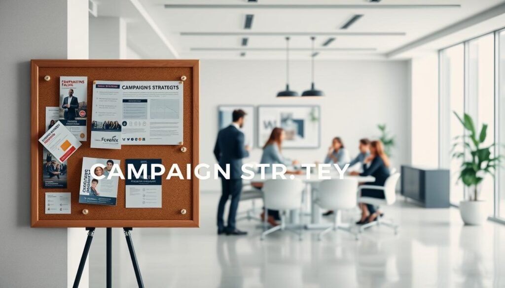 A professionally designed campaign strategy infographic against a backdrop of a modern, well-lit office. The foreground features a corkboard with carefully arranged campaign materials, including brochures, flyers, and digital marketing mockups. The middle ground showcases a team of political strategists collaborating around a conference table, engaged in lively discussion. The background is filled with sleek, minimalist office decor, conveying a sense of efficiency and professionalism. The overall mood is one of strategic planning, attention to detail, and a strong commitment to effective political outreach.