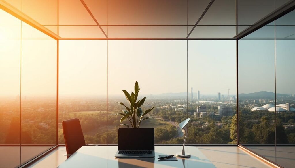 A serene, futuristic interior with sleek, energy-efficient electrochromic glass panels lining the walls and ceiling. The glass seamlessly transitions between transparent and tinted states, casting a warm, diffused light throughout the space. In the foreground, a minimalist desk and chair setup, with a laptop and pen resting on the surface. The middle ground features a potted plant and a sleek, angular lamp, complementing the modern aesthetics. The background showcases a panoramic view of a lush, sustainable cityscape, emphasizing the harmonious integration of technology and nature. The overall atmosphere conveys a sense of tranquility, productivity, and environmental consciousness.
