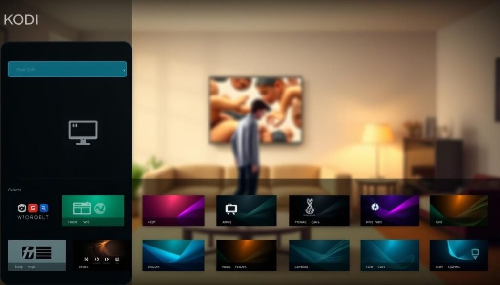 A sleek and modern Kodi media center interface, showcasing a variety of customizable skins and themes. The foreground displays a selection of different skin options, each with its own unique layout, color palette, and iconography. In the middle ground, a user is interacting with the interface, effortlessly navigating through the customization options. The background features a blurred, out-of-focus view of a living room setup, hinting at the seamless integration of the Kodi system into a home entertainment environment. The scene is bathed in a soft, warm lighting that enhances the cozy and inviting atmosphere, reflecting the user's ability to personalize their media experience.