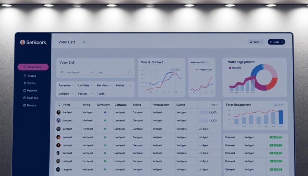 A sleek and modern dashboard interface displaying a voter list management tool. In the foreground, a clean grid of voter contact information with customizable filters and sorting options. In the middle ground, intuitive data visualization charts and graphs tracking voter engagement metrics. The background features a muted color palette with subdued lighting, creating a professional and focused atmosphere. The layout is balanced and responsive, designed to optimize the user experience for political campaign staff managing voter outreach and engagement.