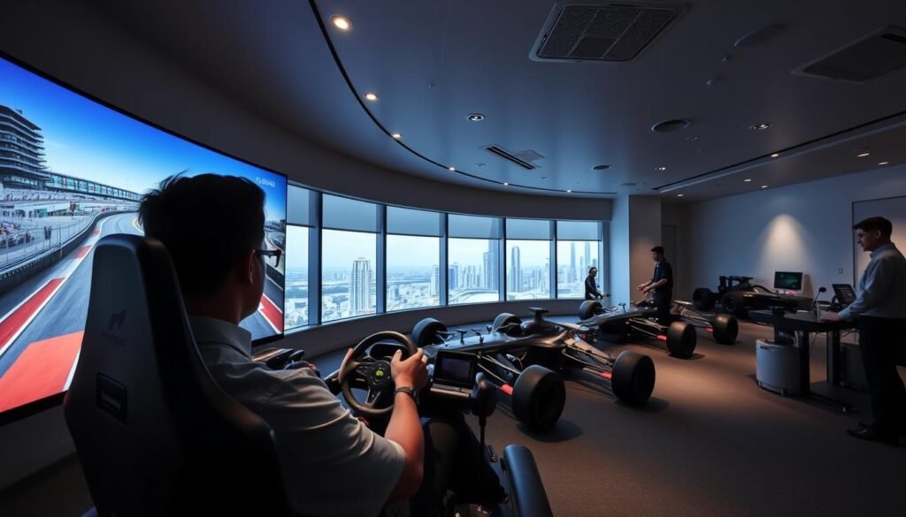 A sleek, modern interior of a dedicated F1 simulator rental facility in Singapore. In the foreground, a racing enthusiast sits in a high-fidelity F1 simulator, their hands gripping the steering wheel, eyes focused on the immersive virtual track displayed on a large curved screen. Soft, directional lighting illuminates the scene, creating dramatic shadows and highlights that enhance the sense of realism. The middle ground features several other simulator setups, each with their own dedicated stations and technicians nearby, ready to assist customers. The background showcases the facility's clean, minimalist design, with large windows offering a view of the bustling Singapore cityscape outside. The overall atmosphere conveys a sense of excitement, immersion, and professionalism, reflecting the premium F1 simulator rental experience.