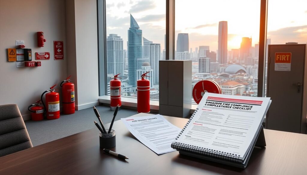 A sleek, modern office interior with a large window overlooking the Singapore skyline. In the foreground, a neatly organized desk with a laptop, pen holder, and a Singapore fire code compliance checklist document prominently displayed. The middle ground features various safety equipment like fire extinguishers, emergency exit signs, and a fire hose reel cabinet in a muted, professional color palette. The background showcases the vibrant cityscape of Singapore through the window, with a warm, golden sunset lighting the scene. The overall atmosphere conveys a sense of efficiency, attention to detail, and a commitment to fire safety regulations.