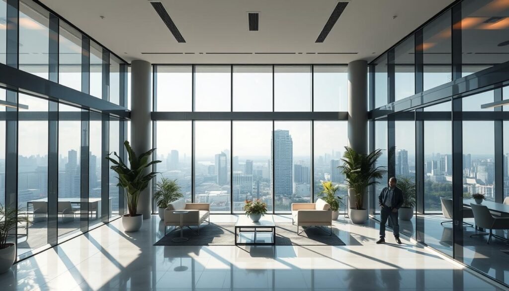 A spacious, sunlit Singapore office interior with dynamic glazing technology on full display. The glass panels seamlessly transition from clear to tinted, effortlessly managing the natural light and heat levels. Sleek, modern furniture and lush greenery create a harmonious, productivity-enhancing environment. Warm, diffused lighting from overhead fixtures accentuates the elegant, minimalist aesthetic. A wide, panoramic view of the cityscape beyond the glass walls, showcasing the dynamic glazing's ability to maintain visual connectivity while optimizing comfort and energy efficiency. The scene conveys the benefits of dynamic glazing for Singapore's spaces - effortless climate control, natural light management, and a sense of openness and connection.