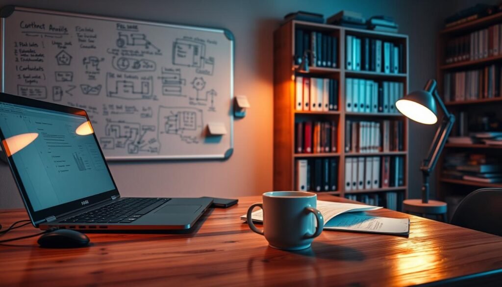 A sturdy wooden desk with a laptop, open paperwork, and a mug of coffee in the foreground. In the middle ground, a wall-mounted whiteboard filled with scribbled troubleshooting notes and diagrams. The background features a bookshelf lined with technical manuals and reference guides, dimly lit by a warm, adjustable desk lamp. The scene conveys a sense of focused problem-solving, with an atmosphere of diligence and expertise.