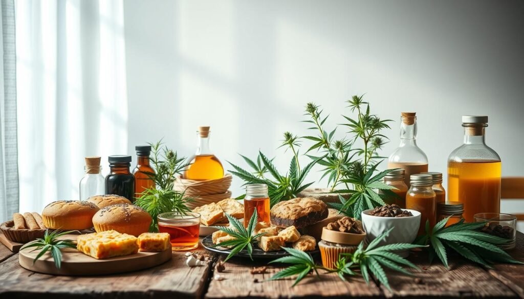 A vibrant culinary still life showcasing an array of cannabis-infused recipes against a minimalist, light-filled backdrop. In the foreground, a collection of baked goods, tinctures, and edibles artfully arranged on a rustic wooden table, each item emitting a warm, fragrant glow. In the middle ground, an assortment of fresh herbs, spices, and cannabis leaves create a lush, verdant contrast. The background features soft, natural lighting filtering through a window, casting a serene, ethereal atmosphere. The overall composition exudes a sense of creativity, sophistication, and the joyful celebration of culinary experimentation with cannabis.