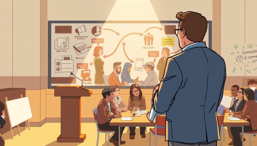 A well-lit, detailed illustration depicting the step-by-step process of becoming a precinct committeeman for a political campaign. In the foreground, a person standing at a podium, confidently addressing a crowd. In the middle ground, a group of engaged citizens discussing campaign strategy around a table. In the background, a mural showcasing the democratic process, with icons representing voter registration, ballot casting, and community outreach. Warm lighting casts a sense of earnestness and civic pride. The composition conveys the empowering journey of grassroots political involvement, from initial actions to impactful community leadership.