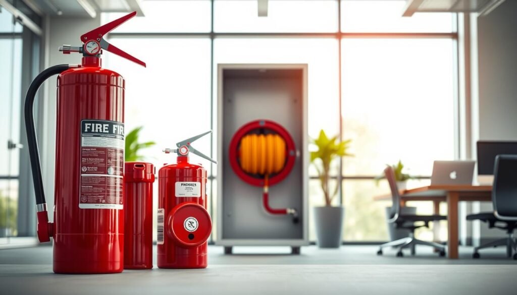 A well-lit, high-angle shot of an office setting showcasing various cost-effective fire safety solutions. In the foreground, a modern fire extinguisher and an easy-to-install smoke detector. In the middle ground, a prominently displayed fire hose reel cabinet with a sleek, minimalist design. The background features a clean, corporate environment with large windows allowing natural light to flood the space, creating a sense of openness and safety. The overall scene conveys a practical, no-frills approach to fire protection that is both visually appealing and budget-friendly.