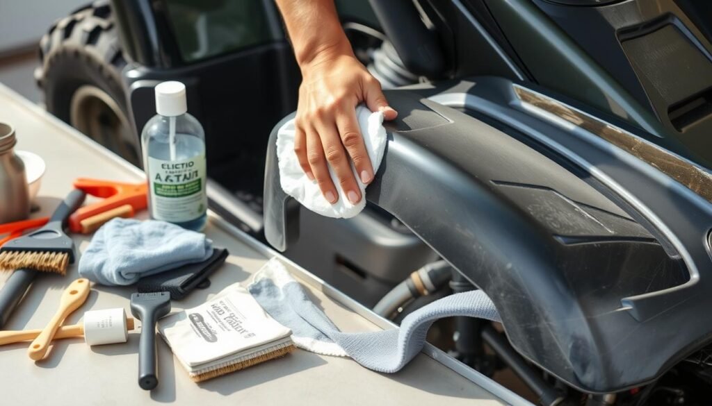 A well-lit, high-quality photograph of a step-by-step DIY cleaning process for faded plastic components on an ATV. The foreground shows various cleaning tools and supplies like brushes, rags, and cleaning solutions laid out neatly. The middle ground depicts the hands of a person carefully scrubbing and wiping down a plastic fender or panel, showcasing the cleaning technique. The background features the ATV itself, partially visible, providing context. The lighting is natural and diffused, creating soft shadows and highlights. The overall mood is one of detailed, methodical cleaning to restore the plastic's original luster.