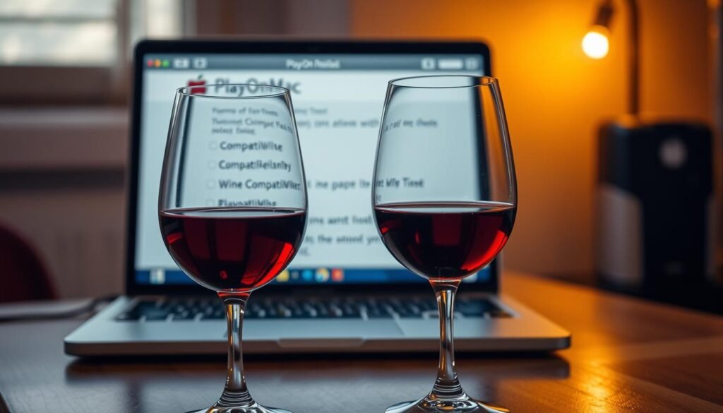 A well-lit, high-resolution image of two wine glasses filled with red wine, placed on a wooden table or surface. In the background, a laptop computer is open, displaying the PlayOnMac interface with compatibility check information. The scene has a subdued, contemplative atmosphere, reflecting the technical nature of the subject matter. Soft, warm lighting illuminates the scene, creating a cozy and inviting ambiance. The overall composition draws the viewer's attention to the interplay between the wine and the compatibility checks, suggesting the need for careful consideration and troubleshooting when using Wine with PlayOnMac.