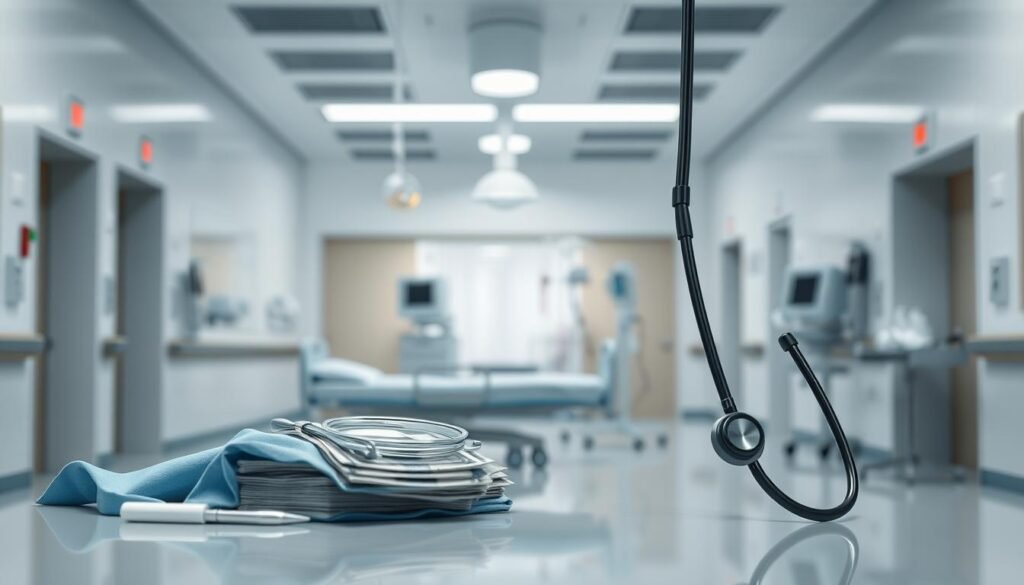 Detailed medical expenses floating in a serene, clinical setting. Foreground showcases a surgical gown, stethoscope, and medical instruments. Midground depicts a hospital bed, IV stand, and other medical equipment against a blurred background of modern hospital architecture with clean lines and natural lighting. Conveys a sense of professionalism, expertise, and attention to patient care in Singapore's parathyroid surgery landscape. High-quality photorealistic rendering with precise attention to textures, materials, and depth of field.