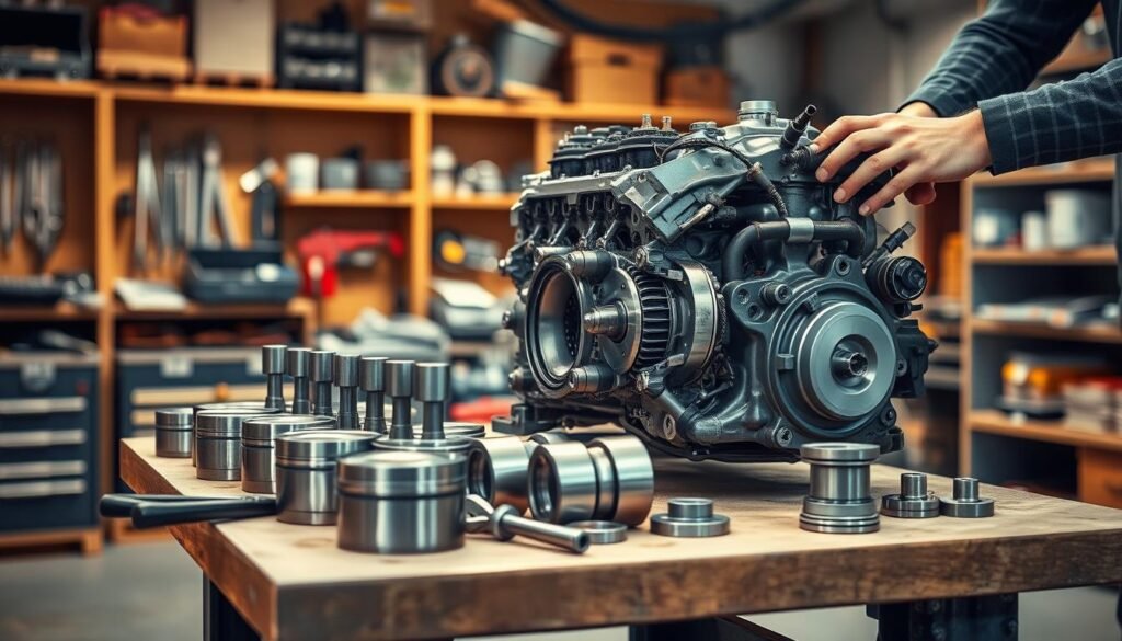 Detailed workshop scene with a 3.2L engine undergoing maintenance. A well-lit, industrial setting with a sturdy workbench in the foreground. On the bench, the engine components are neatly arranged - pistons, connecting rods, bearings, and other parts. A mechanic's hands are visible, carefully reassembling the engine. The background features shelves stocked with tools and spare parts, casting a warm, focused atmosphere. The camera angle is slightly elevated, providing a clear, unobstructed view of the reassembly process. Subtle highlights and depth-of-field blur create a professional, technical illustration style.