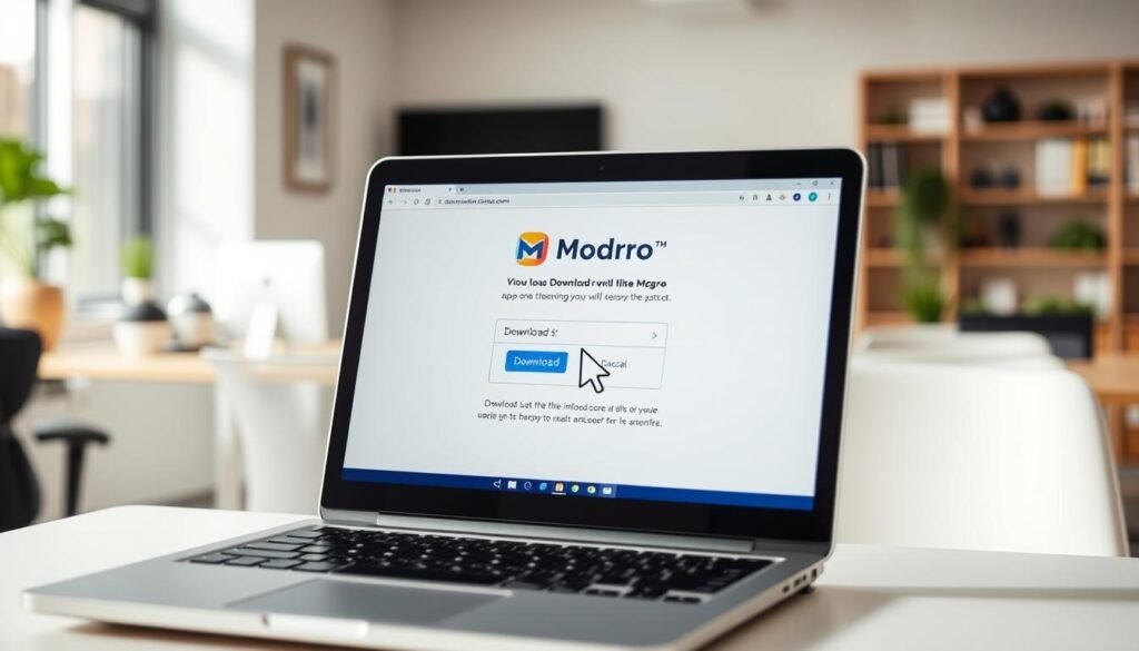 High-quality, detailed image of the step-by-step process for downloading the Modro app on a desktop computer. Set in a clean, well-lit office environment. The foreground shows a laptop screen displaying the Modro download page, with clear, actionable steps outlined. The middle ground features a mouse cursor navigating through the download process. The background has blurred office equipment and decor, creating a focused, professional atmosphere. Bright, natural lighting illuminates the scene, lending a sense of clarity and productivity. Captured from a slightly elevated, front-facing angle to provide an optimal view of the download workflow.