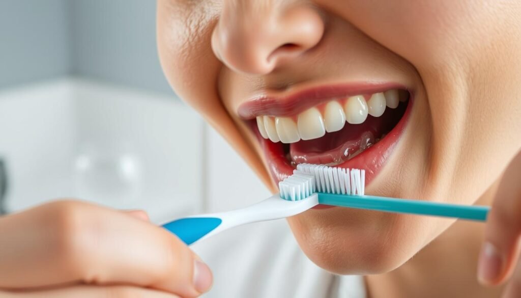 Highly detailed close-up photograph of a person performing proper oral hygiene routine after a tooth extraction procedure. The person is gently brushing their teeth with a soft-bristled toothbrush, using gentle circular motions to clean the gums and the surgical site. The image captures the person's focused expression as they carefully clean the area, with a clean glass of water and dental floss visible on the counter in the background. The lighting is soft and diffused, creating a calming and hygienic atmosphere. The composition emphasizes the delicate nature of the post-extraction oral care, conveying the importance of a gentle and thorough cleaning regimen during the healing process.